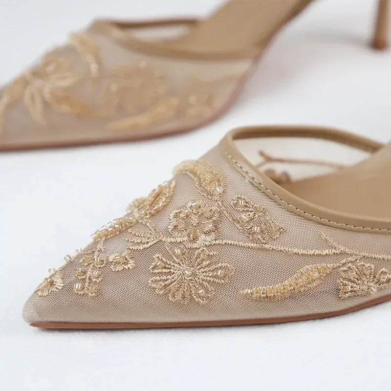 Mesh Embroidery Heeled Sandals Women Sexy Pointed Toe String Bead Slingback High Heels Summer Elegant Party Dress Designer Shoes - AIAZ