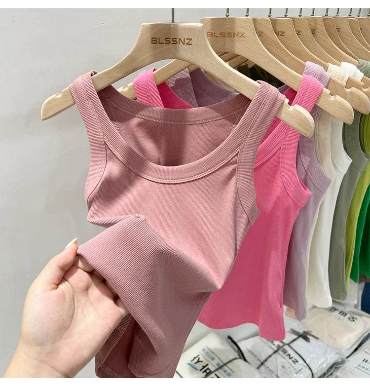 Women Solid Round Neck Ribbed Tank Top Camisole Women 2025 Summer Basic Elastic Tank Top O Neck Solid Tank Top - AIAZ
