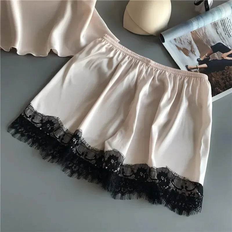 Women Pajama Suit Fashion V-Neck Stretch Satin Babydoll Lace Sexy Lingerie Bowknot Pyjamas Sleep Shorts Set Sleepwear New - AIAZ