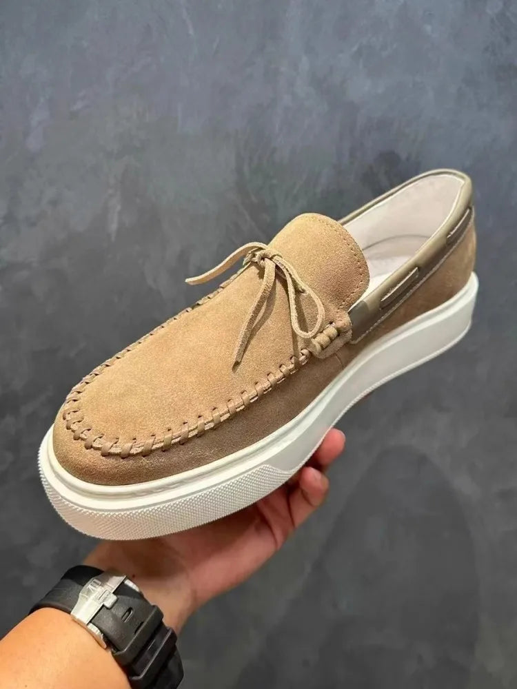 Fashion Mens Lace Up Slip On Loafers Thick Platform Real Suede Leather Business Casual Shoes Round Toe Comfortable Driving Shoes