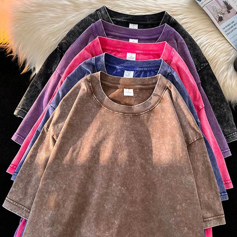 Men's Washed Vintage T-Shirts Street Hip Hop Retro Punk T Shirt women Harajuku Casual Cotton Short Sleeve Acid Wash TShirts top - AIAZ