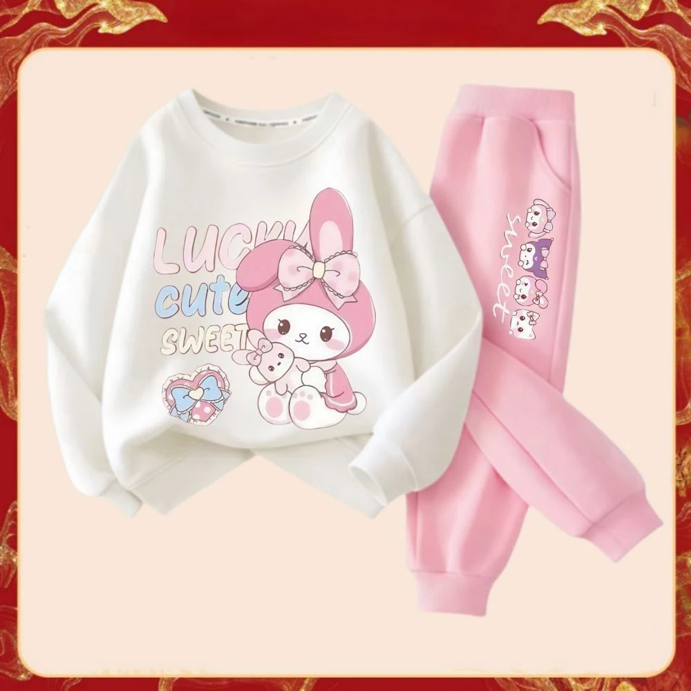 Spring Autumn Children's Sanrio Melody Print Clothes Sets Kids Kawaii Sweatershirts Pullover Tops & Pants 2Pcs Outfit Tracksuit