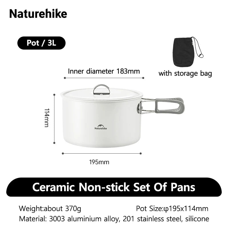Naturehike Camping Cookware Ceramic Non-Stick Set Of Pots Outdoor Portable Tableware Kettle Frying Pan Cookset Kitchen Utensils