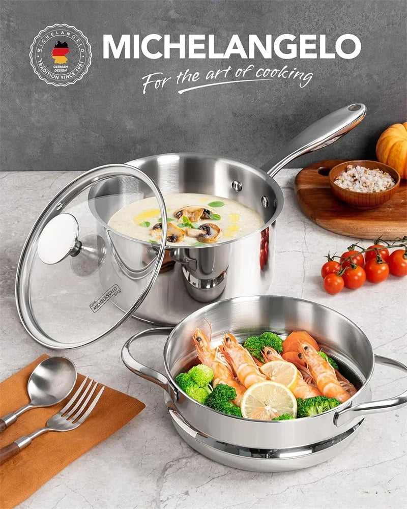 MICHELANGELO Milk Pot Set with Steamer 2.5QT Stainless Steel Saucepan with Lid Steamer Pot with Pour Spout Induction Oven Safe