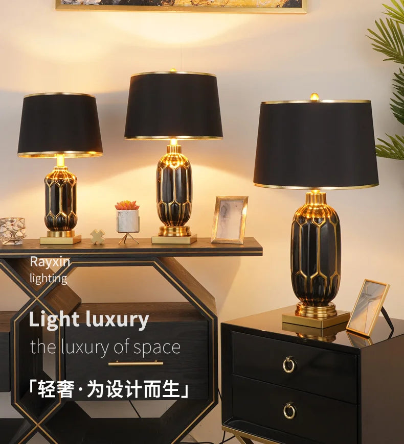 Chinese Black Ceramic Desk Lamp Nordic Modern Luxury Living Room Bedroom Bedside Study Table Lamp Atmosphere Sense Decoration