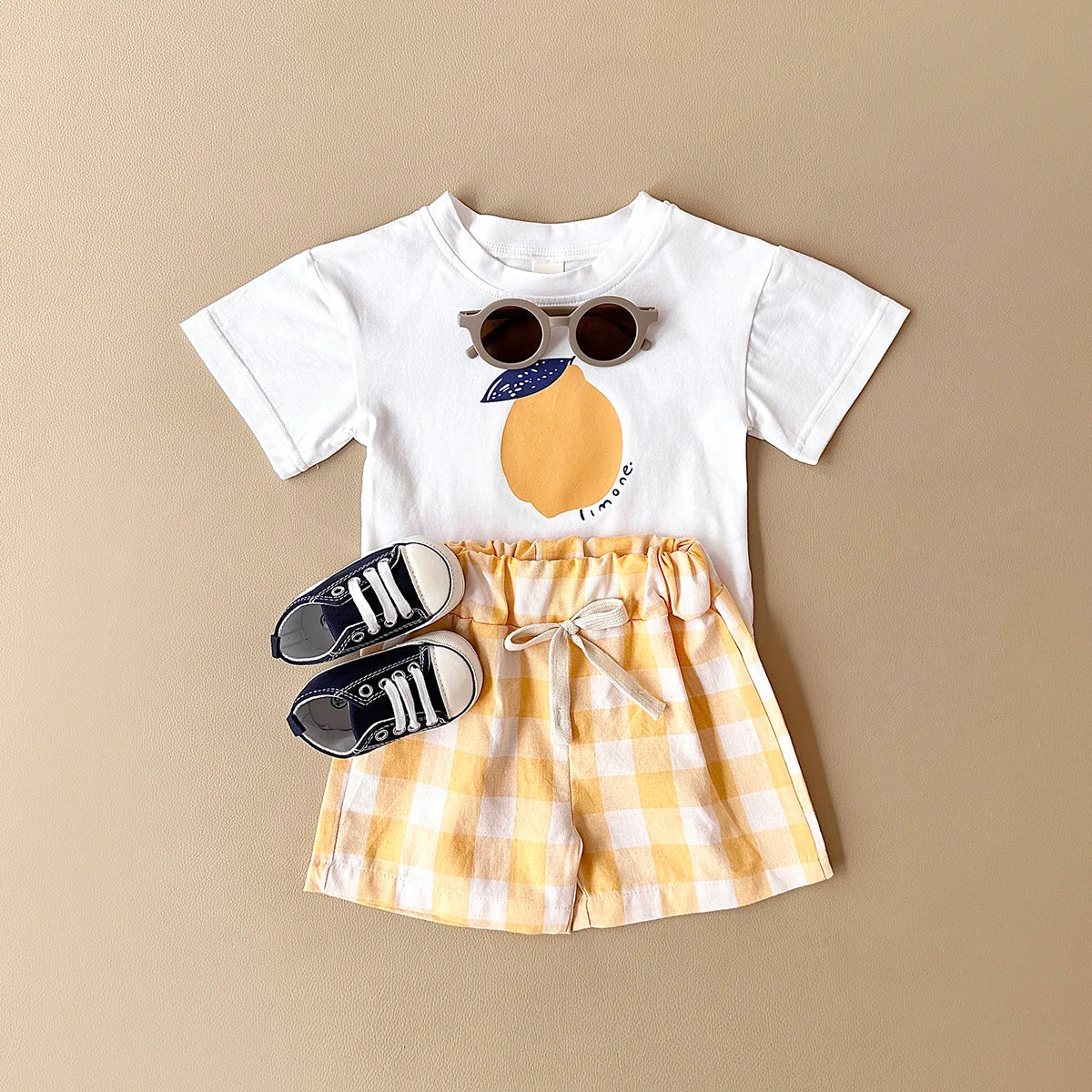 2PCS Summer Baby Boys Girls Clothes Set Lemon Print T-shirt+Checkered Shorts Beach Infant Toddler Outfit Suit 0-3Y
