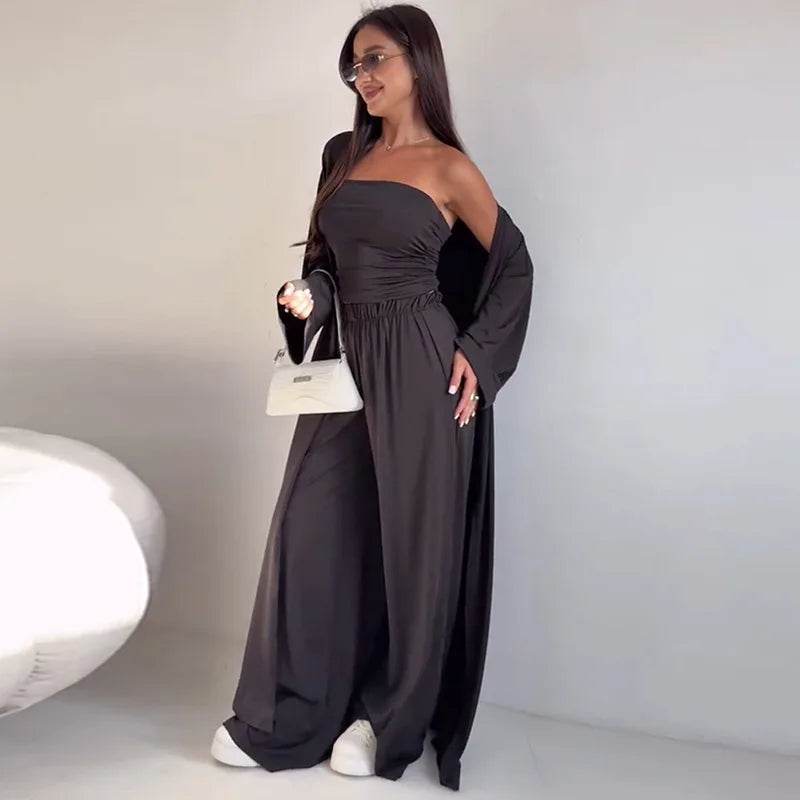 Pants Sets Women Solid Color Loose Long Cardigan Coat Tube Top High Waist Wide Leg Trousers Three Piece Set Casual Lady Suits - AIAZ