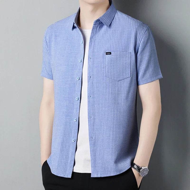 2025 Men's Business Casual Plaid Linen Short Sleeved Shirt Comfortable Top - AIAZ