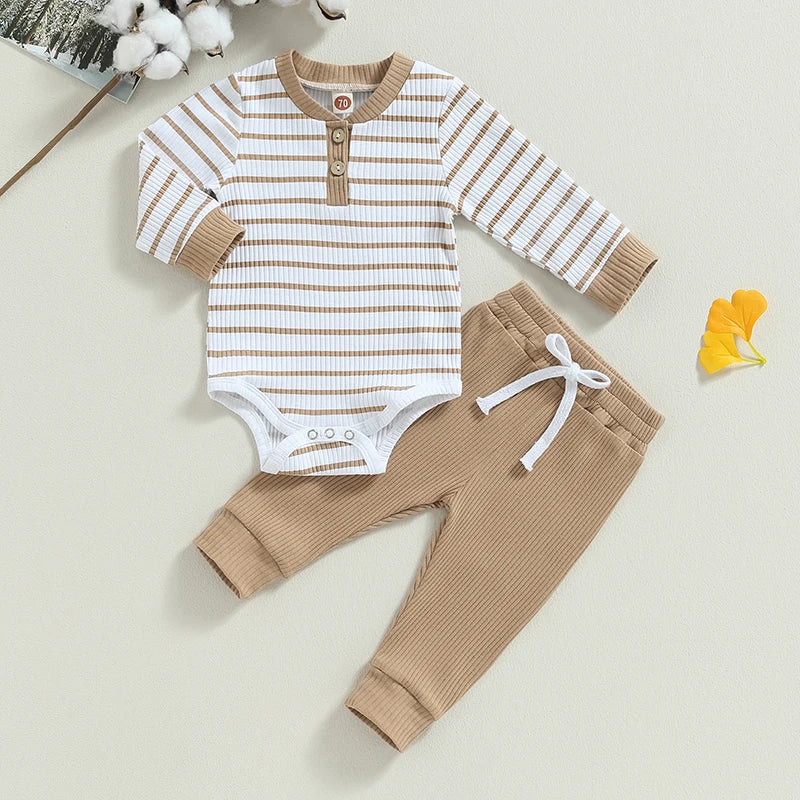 Citgeett Autumn Infant Baby Boy Fall Outfits Long Sleeve Striped Print Romper + Pants Set Warm Clothes