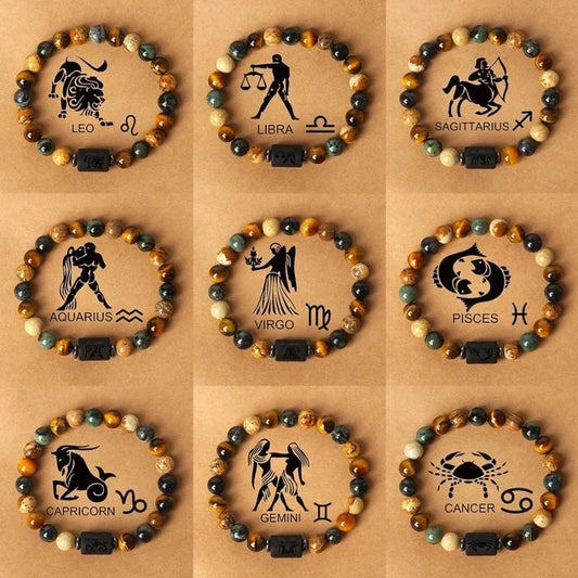 12 Constellation Natural Stone Beads Tiger Eye Stone Bracelets For Men Women Zodiac Signs Bracelet Aries Taurus Charm Bracelet