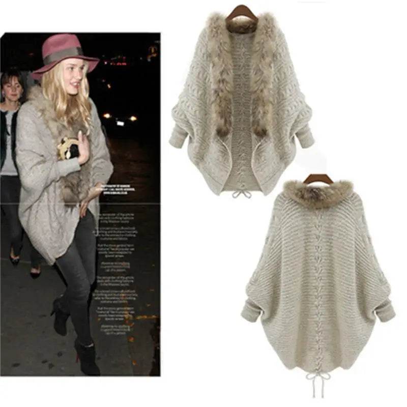 Women Cardigan Sweater Thick Poncho Capes Autumn Winter Femme knitted Bat Sleeve Fur Collar Wool Sweater Knitted Long Cardigan - AIAZ