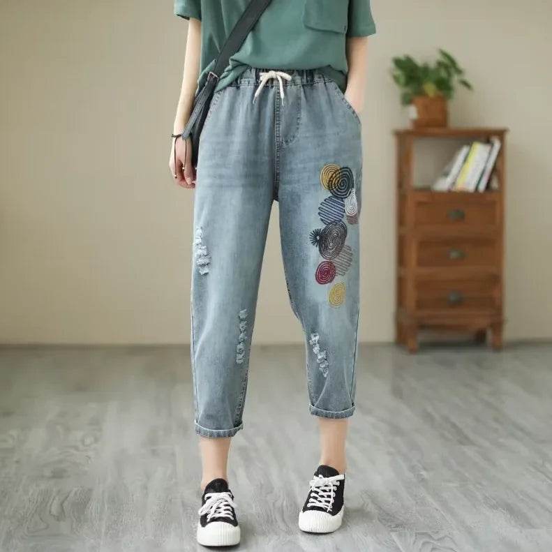 Womens Vintage Floral Loose Denim Pants 2025 Spring Chinese Style Casual Ripped Blue Jeans Holes Elastic Harem Trousers - AIAZ