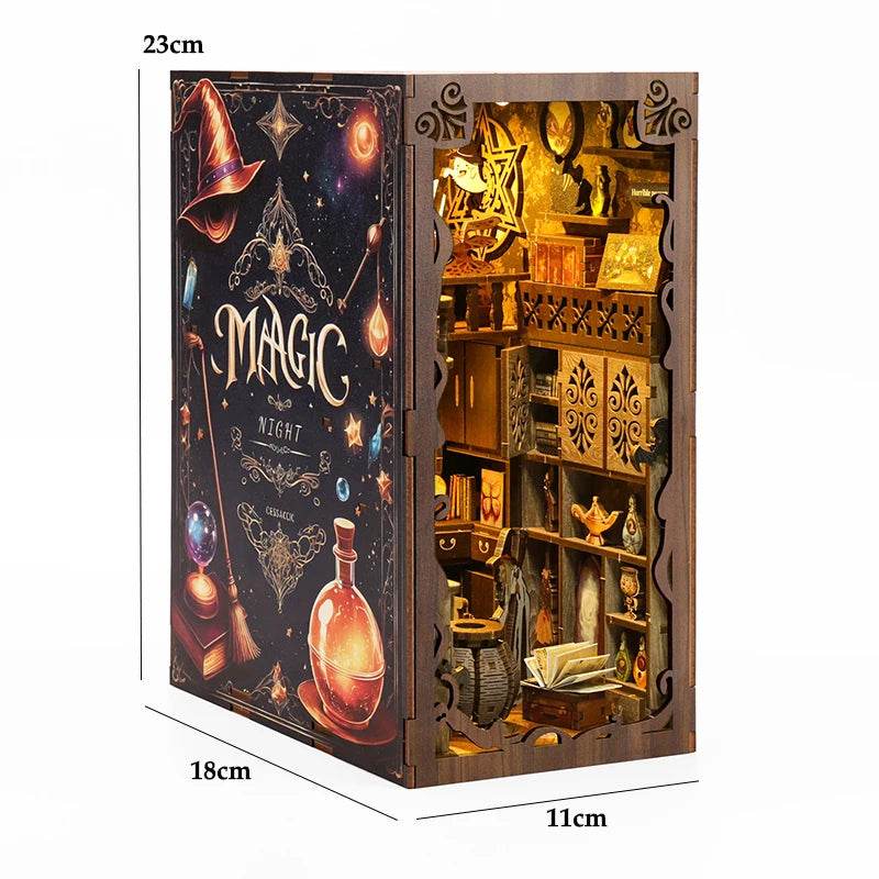 DIY Book Nook Shelf Insert Kit 3D Wooden Puzzle Doll House Assembly Building Model Bookends With Furniture LED Light Xmas Gifts - AIAZ