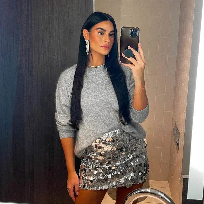Silver Sequin Skirt Woman High Waist Mini Skirt Woman Fashion Shiny Glitter Elegant Short Skirts For Women Y2k Skirts - AIAZ