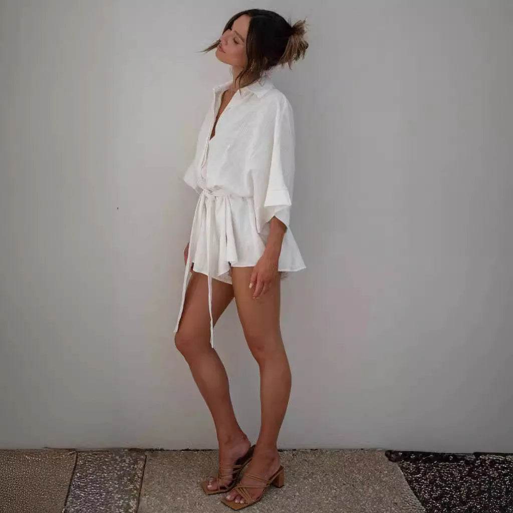 Women's Jumpsuit Spring/summer New Style With Collar Mid Sleeves Waist Strap Fashionable Loose Short Style Solid Color Jumpsuit - AIAZ