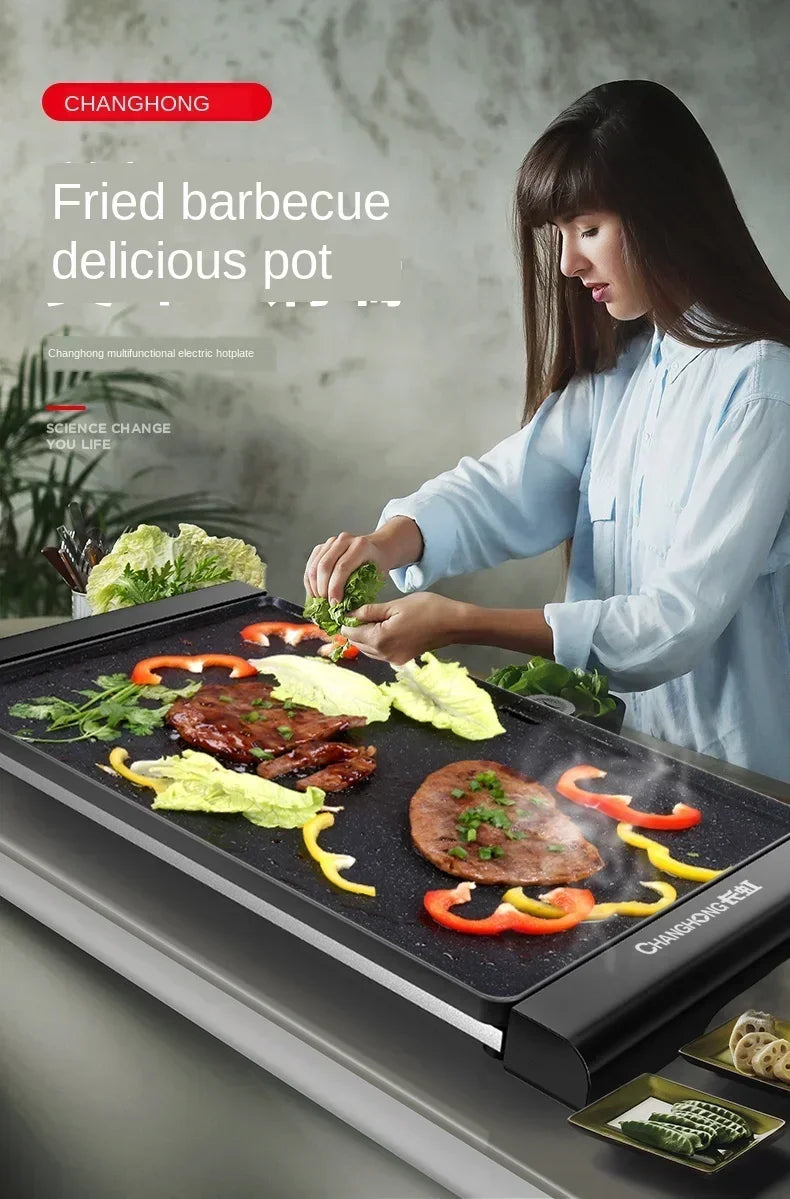 220V Korean Style Non-Stick Electric Grill Pan for Smokeless BBQ, Hotpot and Griddle Cooking at Home A