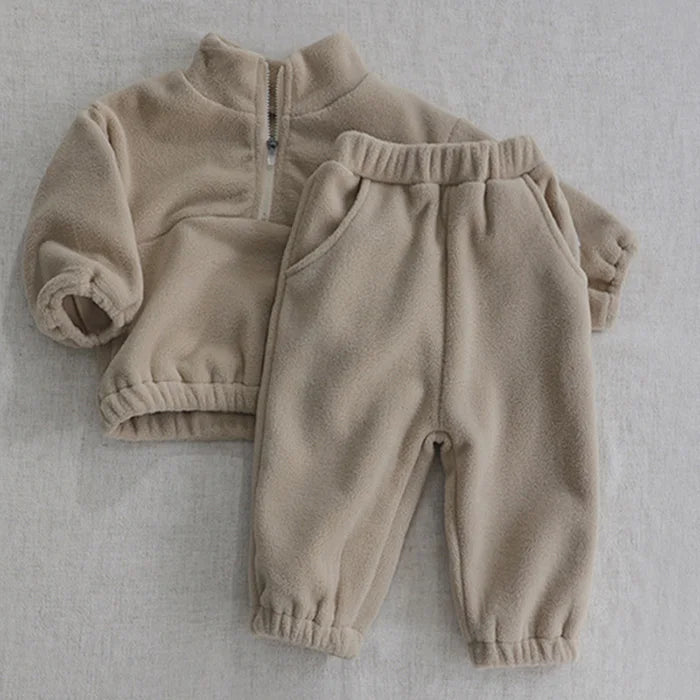 Autumn Winter Toddler Baby Boys Girl Sports Suit Children Clothes Fleece Solid Color Hoodies Suit Infant Boys Girl Outfit 2PCS