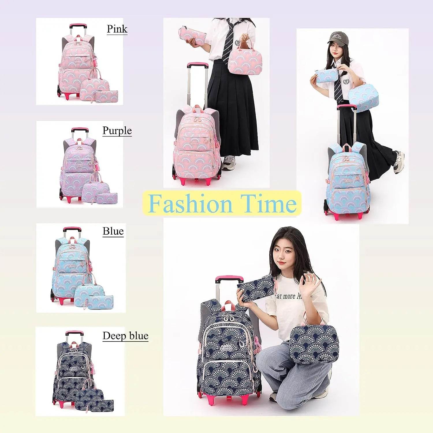 Rolling School Bags for Girls Backpack Children Waterproof School Backpacks with Wheels Middle School Trolley Luggage Back Pack - AIAZ