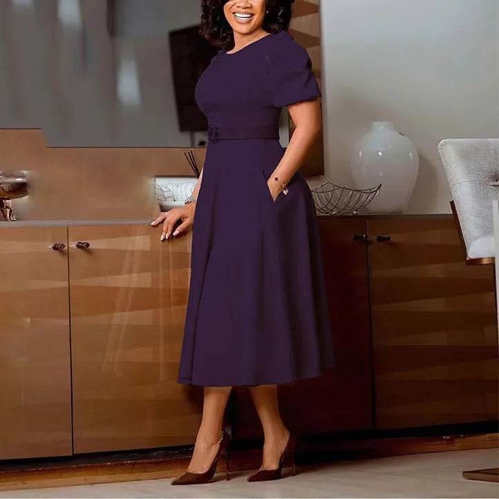 Elegant Office Dress for Women Professional O Neck Short Sleeve Belt Waisted A Line Mid Calf Formal Business Work Dress Midi New - AIAZ