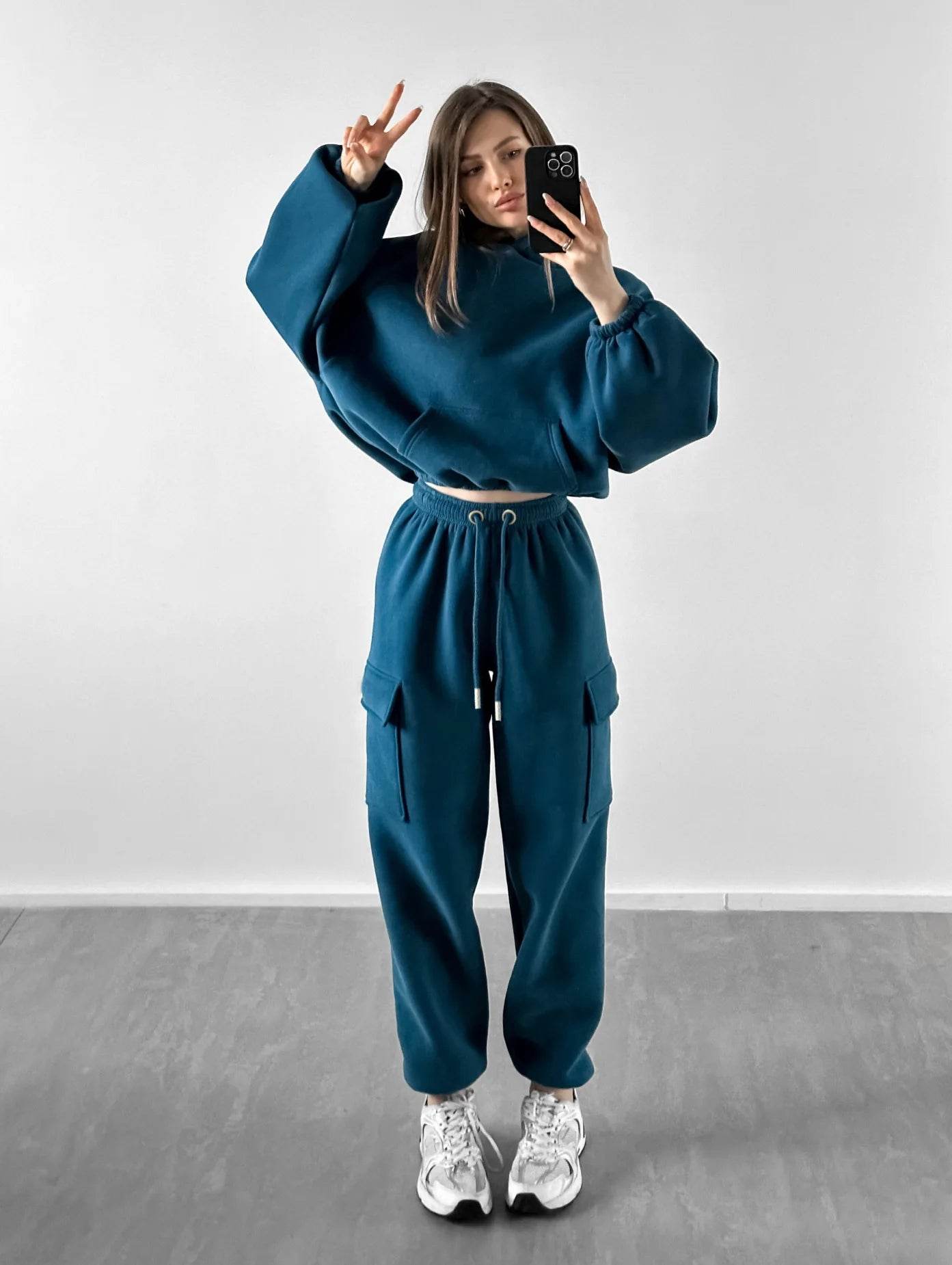 Hoodies Suit Winter Autumn Solid Casual Tracksuit Women Fleece 2 Pieces Set Sports Sweatshirts Pullover Jogger Sweatpants Outfit - AIAZ