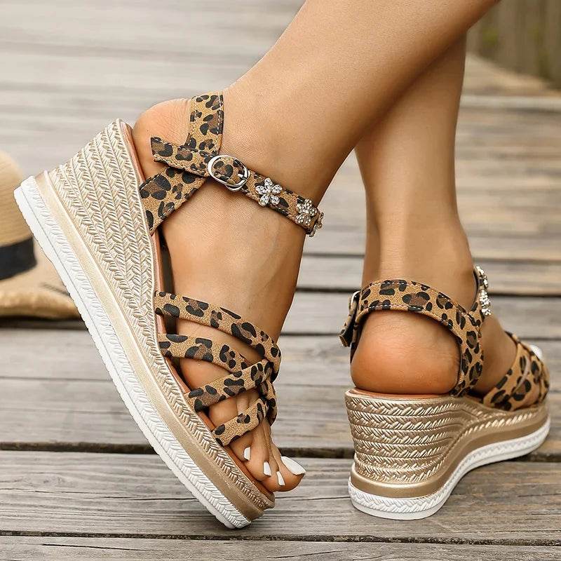 2025 Leopard Print Wedge Heel Sandals Women Fashion Crystal Flowers Thick Bottom Sandalias Mujer High Heeled Platform Sandles 43 - AIAZ