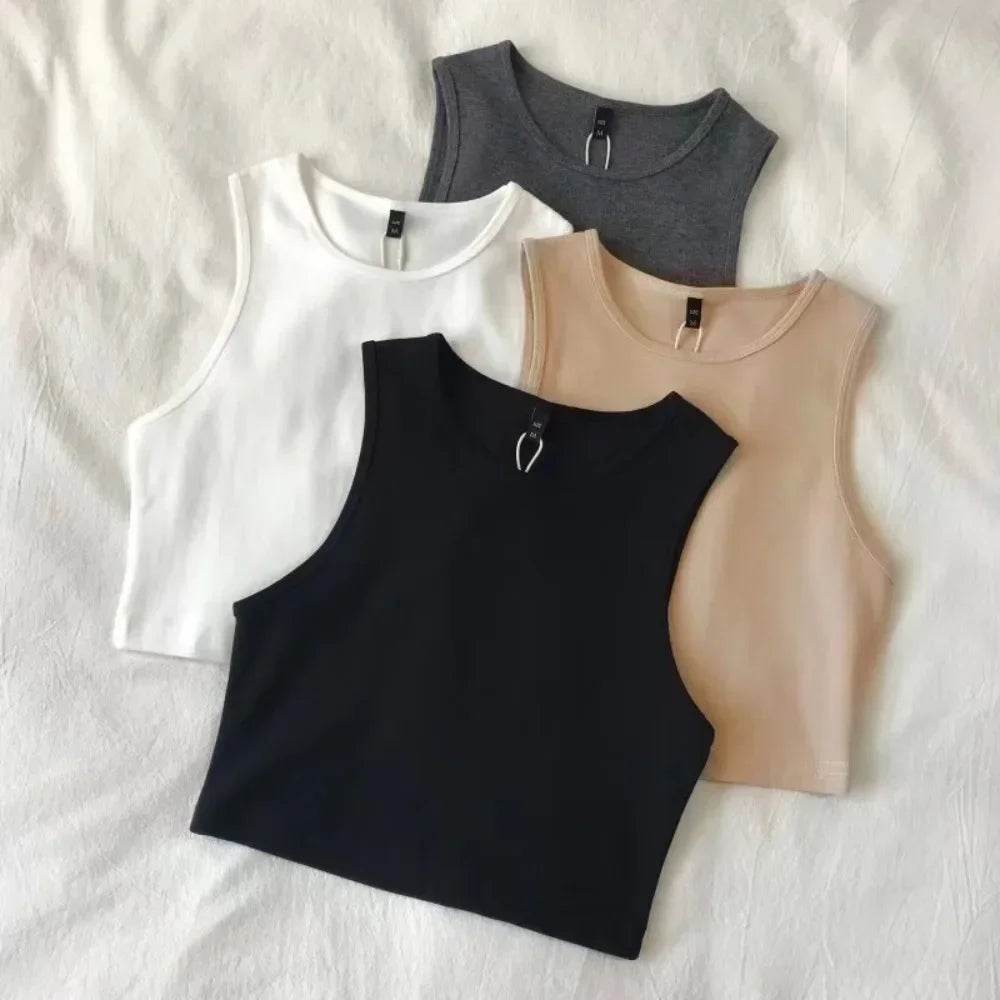 Summer Sleeveless Tops Women Retro White Crop Tops One-Piece Elastic Camisole Tank Tops Female Halter Vest Y2k Girls Slim Short - AIAZ