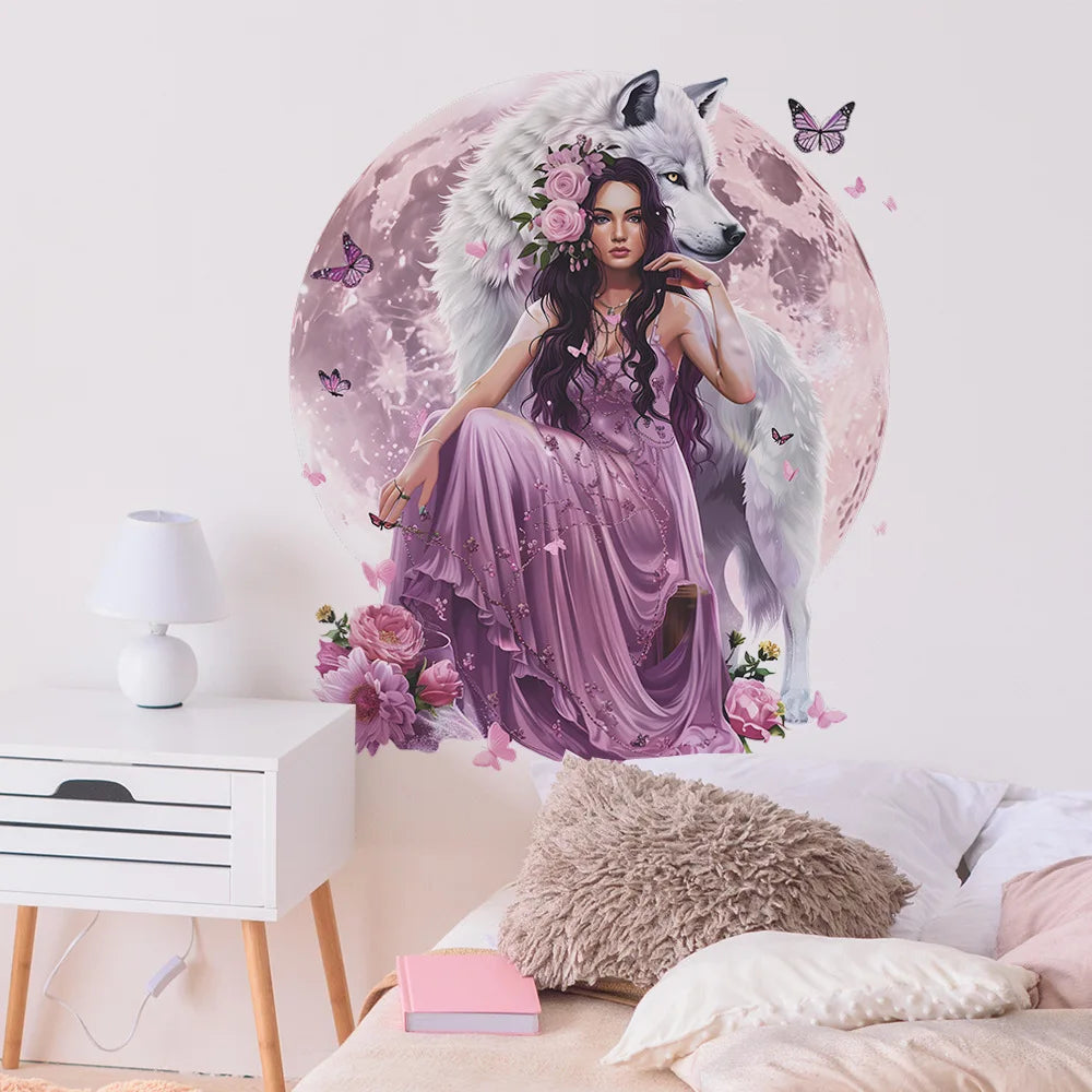 Purple Wolf Girl Vinyl Wall Decal For Kids Room Decoration Room Decor Bedroom Accessories Wall Art Home Decoration Wall Decor