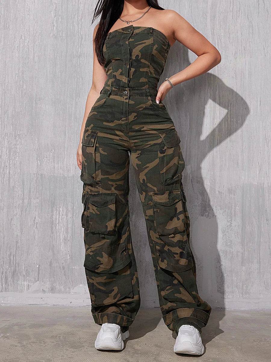 REDDACHiC Camouflage Button Front Denim Tube Jumpsuit Women Retro Y2k Function Pockets Sleeveless One-piece Overalls Work Wear - AIAZ