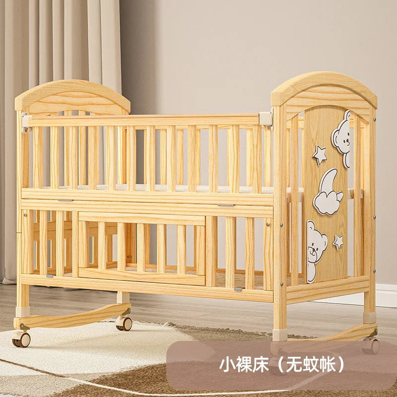 Crib Solid wood newborn baby cradle Multifunctional paint-free movable children's splicing bed air mattress 103 cm long