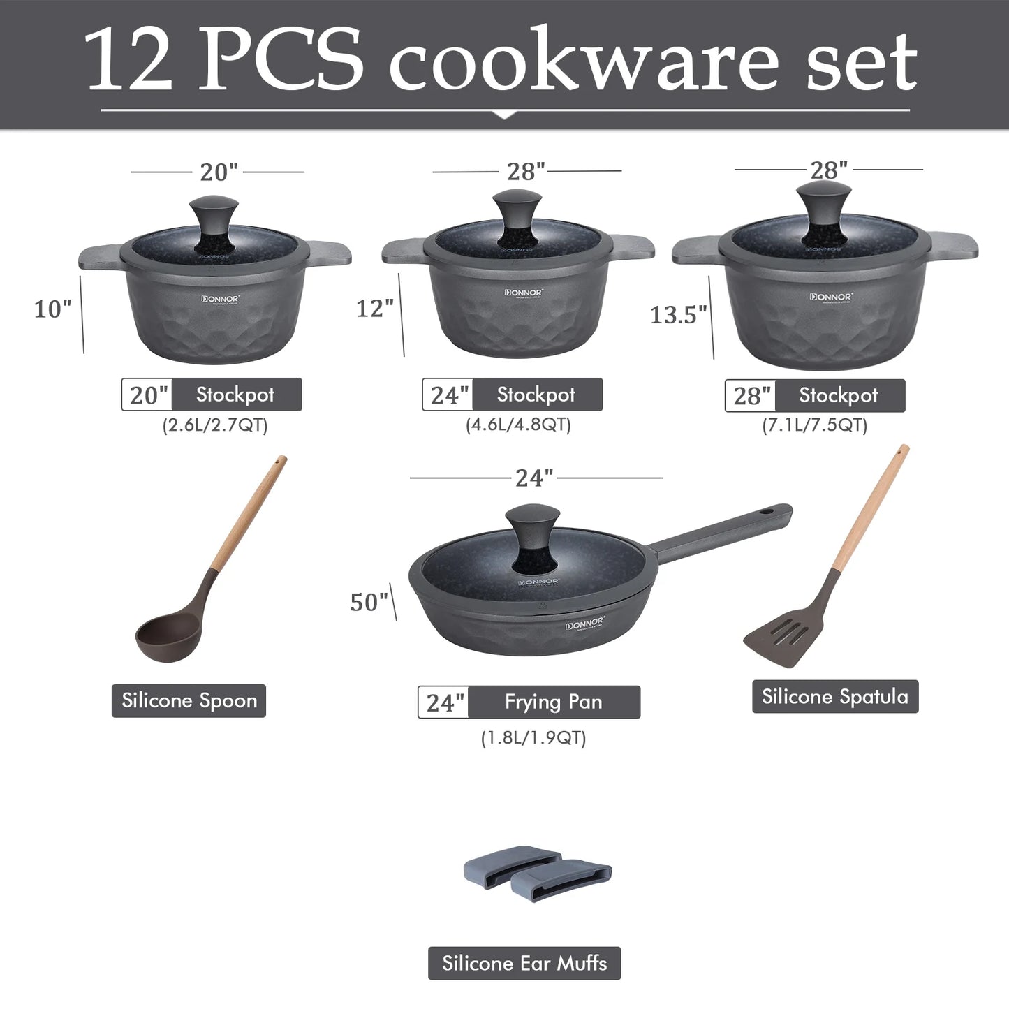 DONNOR Kitchen Cooking Set 12 Pcs Pots and Pans Set Non-toxic Healthy Pots and Pans Set Non Stick Saucepans Steamer Set