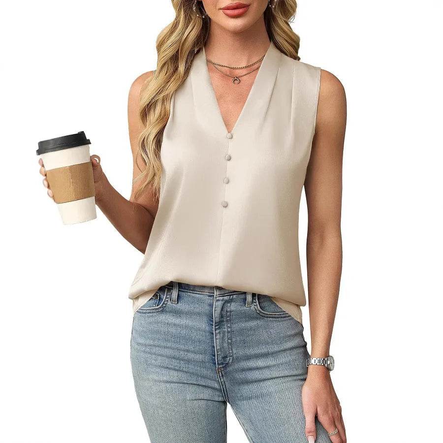 2025 Women's Blouses Summer Fashion Elegant Temperament Satin Work Tank Shirts Casual Button V-Neck Sleeveless Vest Black Tops - AIAZ
