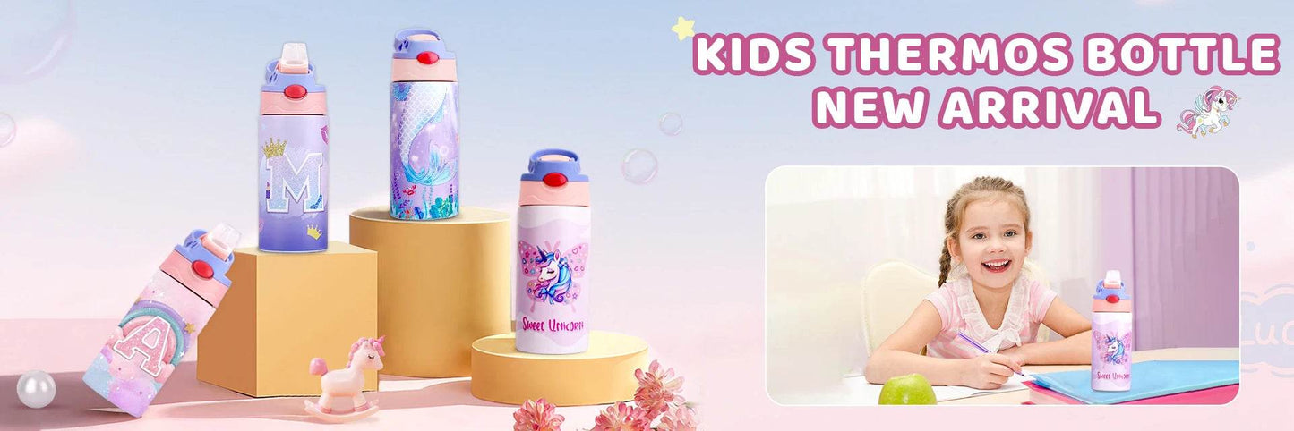 400ML Kids Water Bottle Cartoon Animal Children's Cup With Straw Stainless Steel Vacuum Flacks Thermos Bottle Thermal Mug Cups - AIAZ