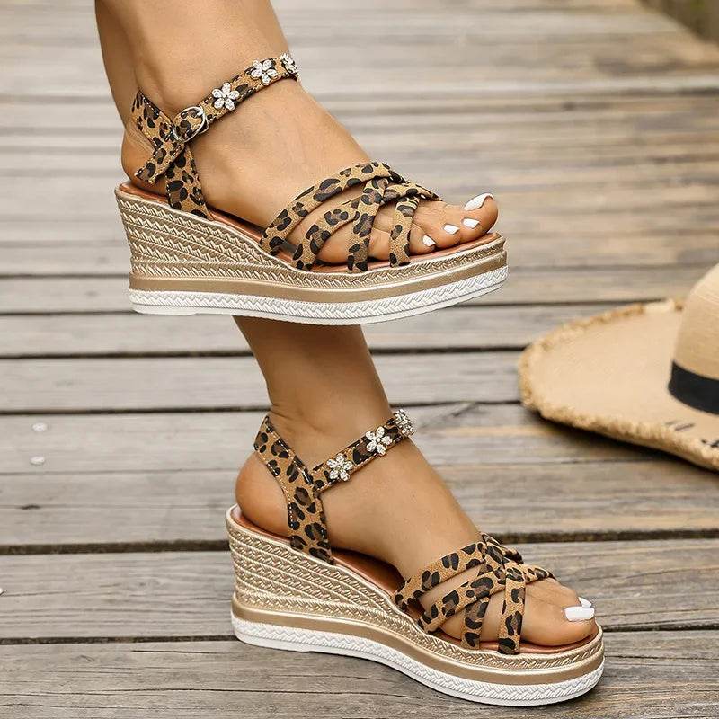 2025 Leopard Print Wedge Heel Sandals Women Fashion Crystal Flowers Thick Bottom Sandalias Mujer High Heeled Platform Sandles 43 - AIAZ