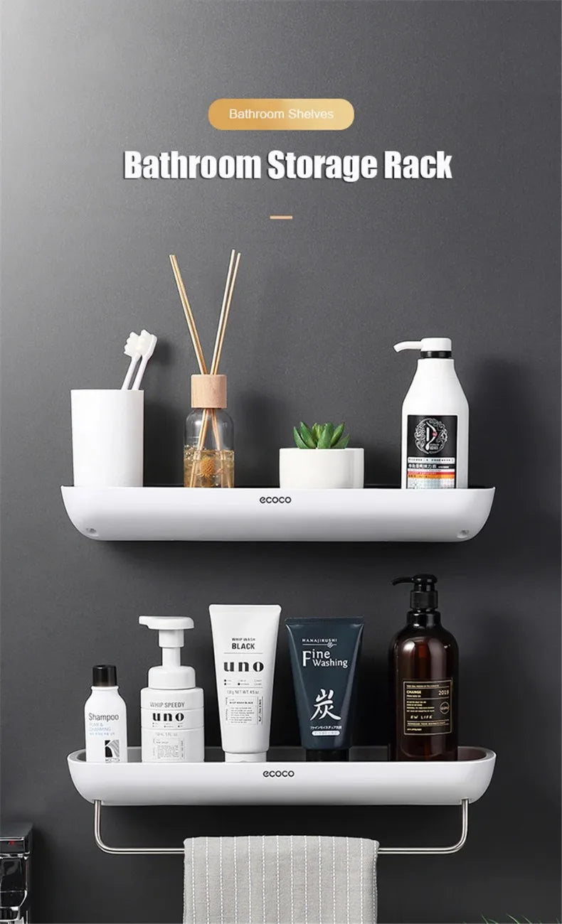 ECOCO Bathroom Shelves Organizer Storage Rack Wall Mount Towel Shelf Shampoo Rack with Towel Bar Rack Kitchen Accessories