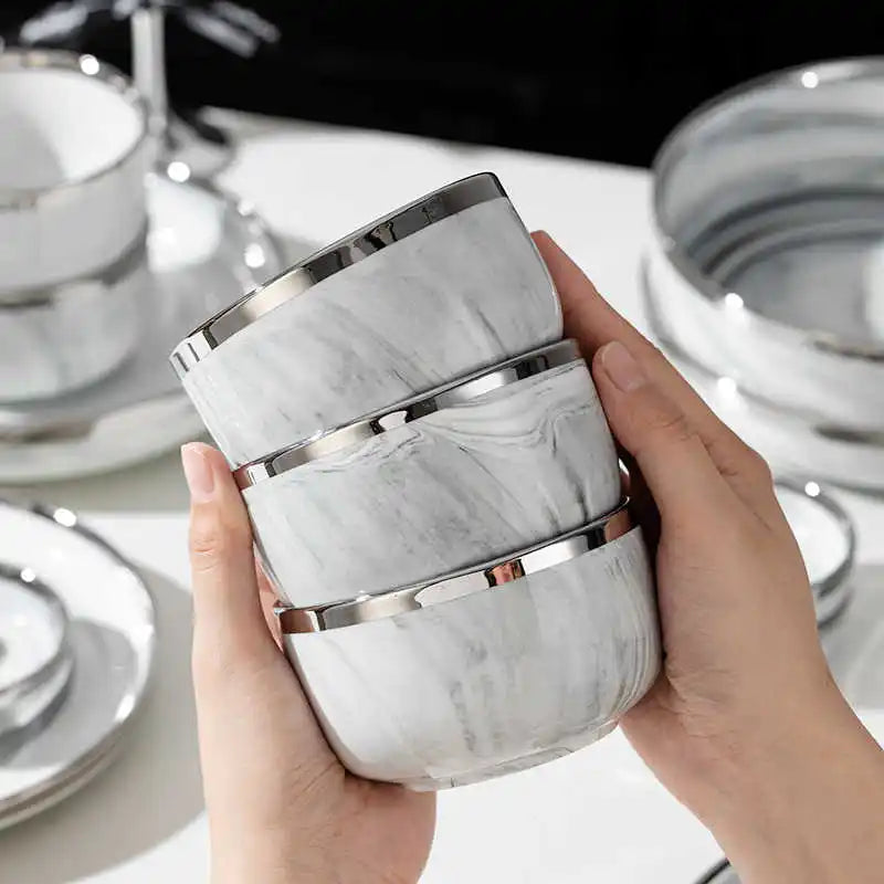 Light Luxury Ceramic Tableware Set Marble Fish Plates With Silver Rim Household Hotel LArge Capacity Soup Bowl Deep Plates