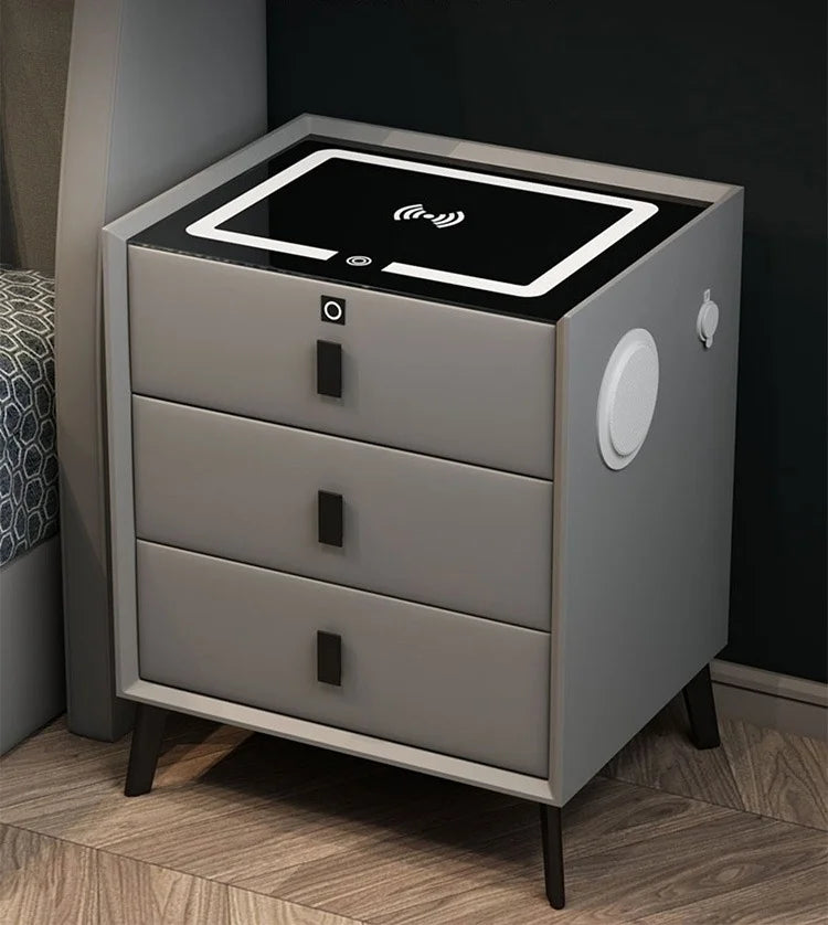 3 Drawers Smart Bedside Table with Wireless Charging Solid Wood Bedroom End Table with Fingerprints Lock Hotel Nightstands