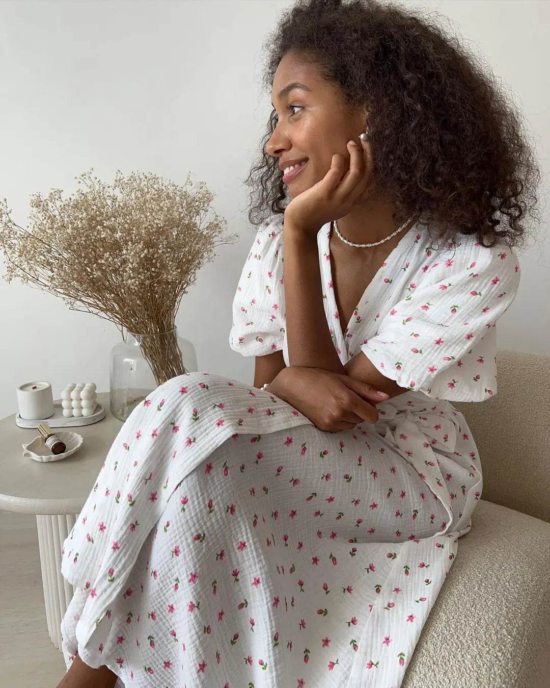 Bornladie Women Psrinted Lace Up Dress Summer Short Sleeve Fashion Office Lady Long Dress 100% Cotton Daily Casual V-neck Skirt - AIAZ