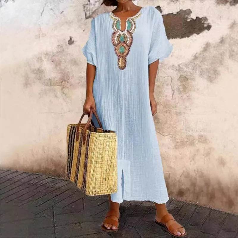 Boho Vintage Embroidered Cotton Linen Long Dresses Women Summer 2025 New V Neck Split Hem White Dress Beach Party Dress Robe - AIAZ