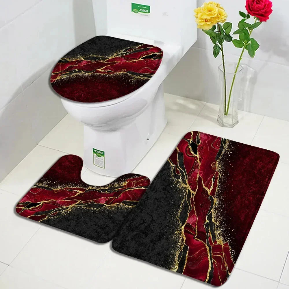 Abstract Marble Bath Mat Sets Modern Geometric Gold Lines Blue Texture Pattern Bathroom Decor Carpet Non-Slip Rugs Toilet Cover