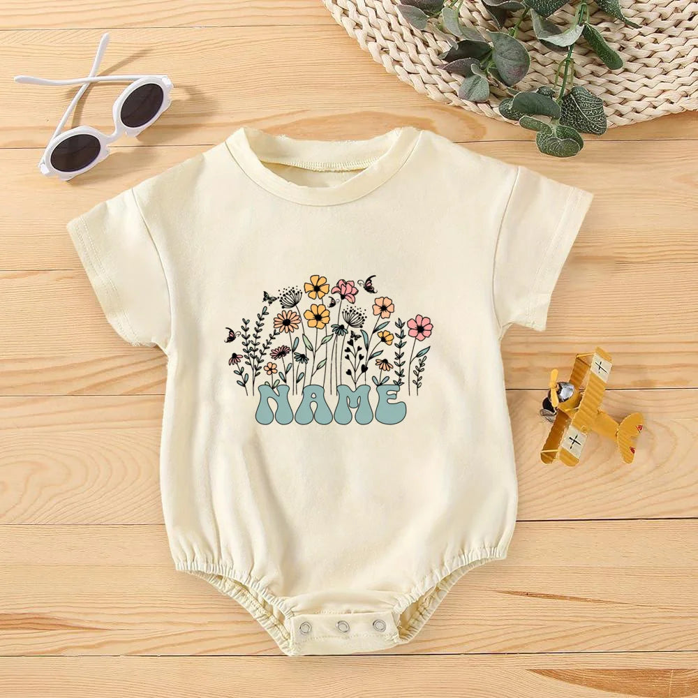 Personalised Flower with Name Bubble Romper Infant Summer Clothes Baby Oversized Bodysuit Retro Newborn Short Sleeve Jumpsuit
