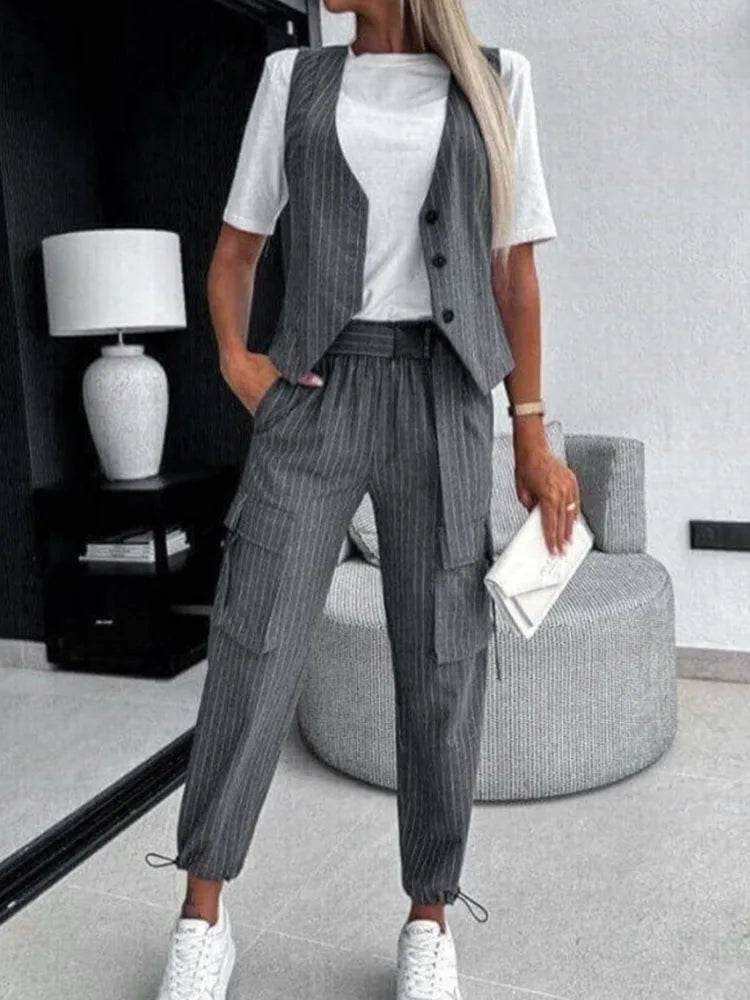 White Striped Vest Suit For Women Summer Casual V-neck Button Top Pocket Loose Pants Outfits Two-piece Suit For Women Elegant - AIAZ