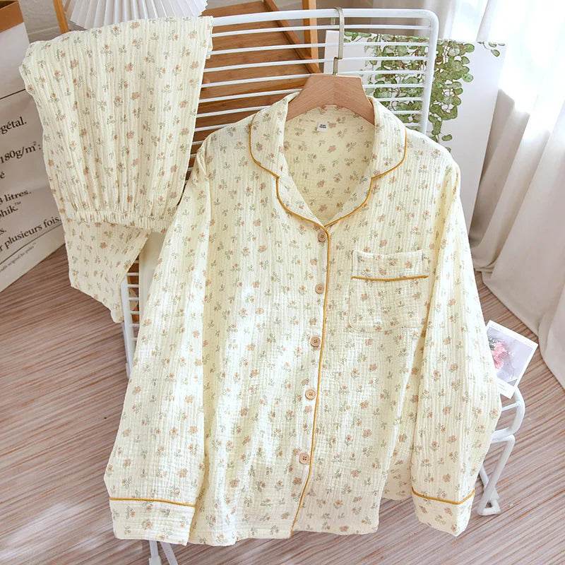 Solid Breathable Lovers 100% Cotton Crepe Pajamas Sets Women Men Autumn Long Sleeve Fresh Soft Pijama Mujer Casual Pyjamas - AIAZ