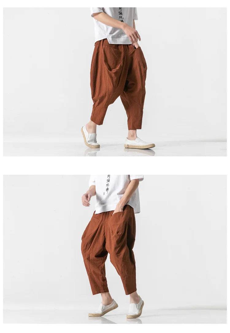 2025 Men Linen Pants Mens Wide Crotch Harem Pants Man Chinese Style Ankle-Length Pants Male Wide-Legged Bloomers Trousers - AIAZ
