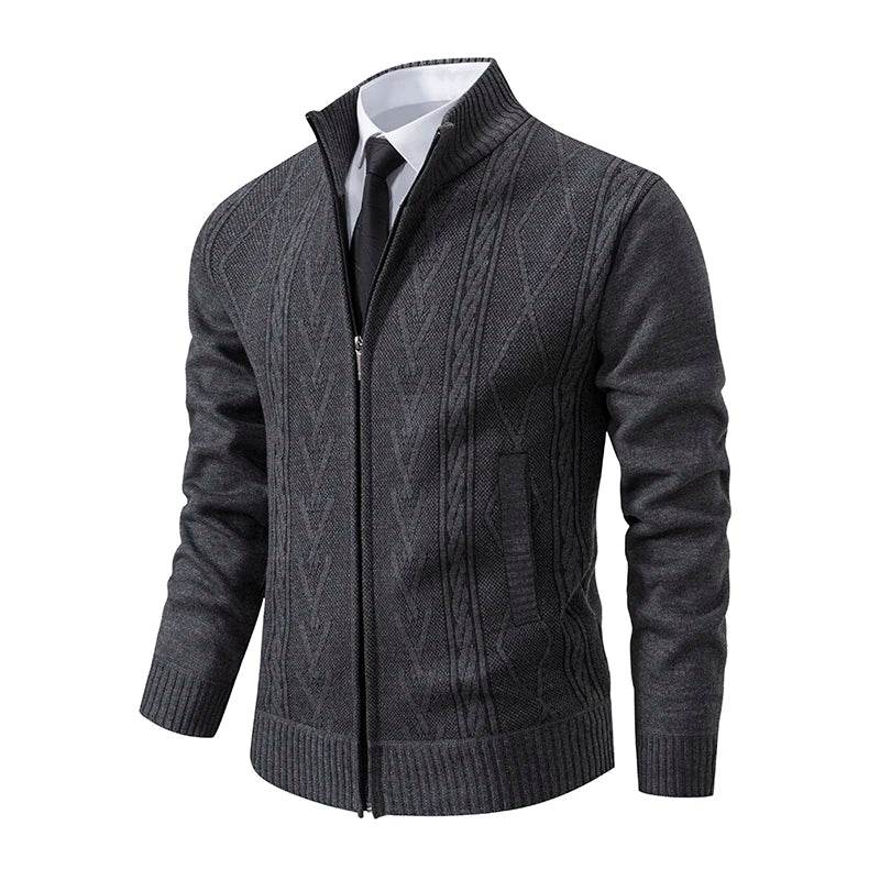 Thickened jacket men's autumn and winter warm trend line stand collar knitted cardigan sweater coat - AIAZ