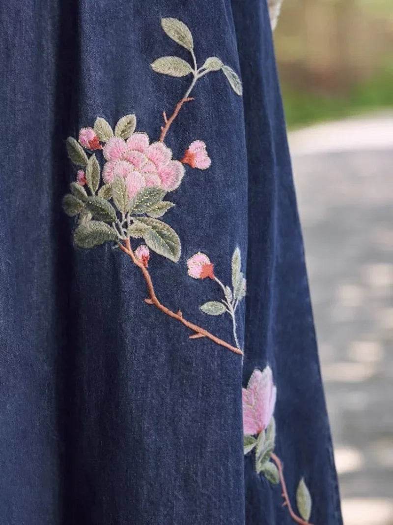 Embroidered Denim Dress For Women Spring Summer 2025 New Retro Versatile Waist Closure Long Denim Strap Dress Mujer Vestidos - AIAZ