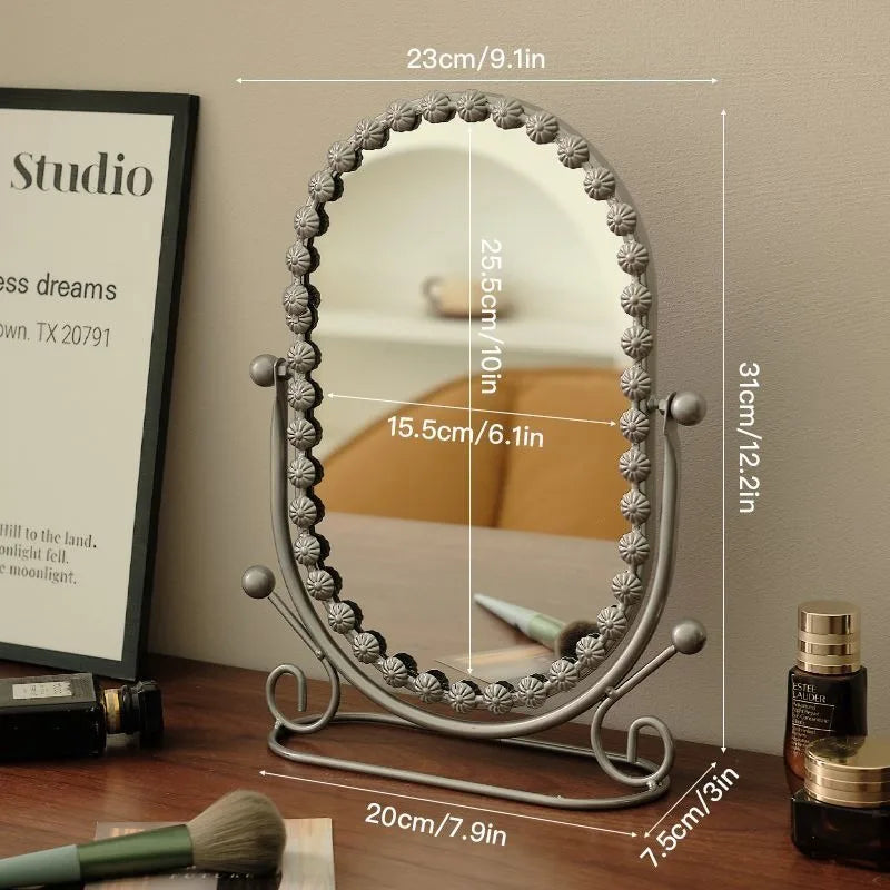 Light Luxury Wrought Iron Vertical Mirror Rotatable Retro Makeup Mirror Bedroom Vanity Mirror Desktop Ornament Photo Props