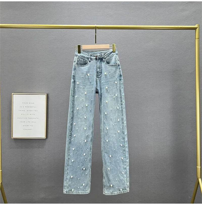 Denim Pants Fashion Beaded Jeans Wide-Leg Pants Female Tide 2025 New Spring And Summer High Waist Loose Mop Pants - AIAZ