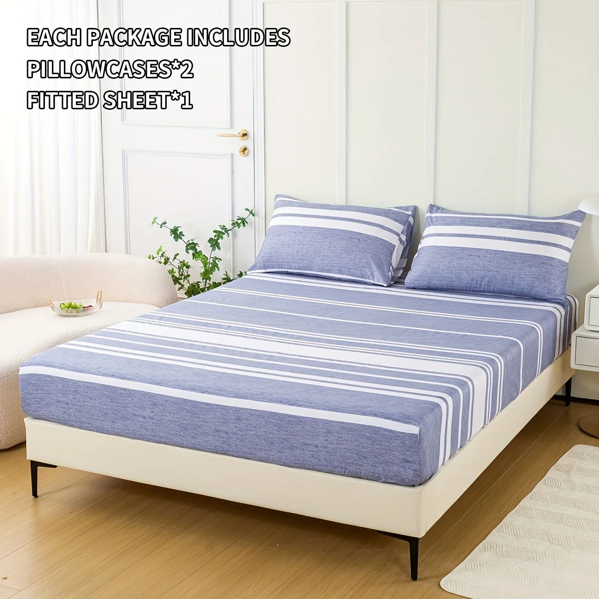 3-Piece Striped Fitted Sheet Set – Luxuriously Soft & Breathable – Includes 1 Fitted Sheet and 2 Pillowcases for Cozy Sleep – Pe