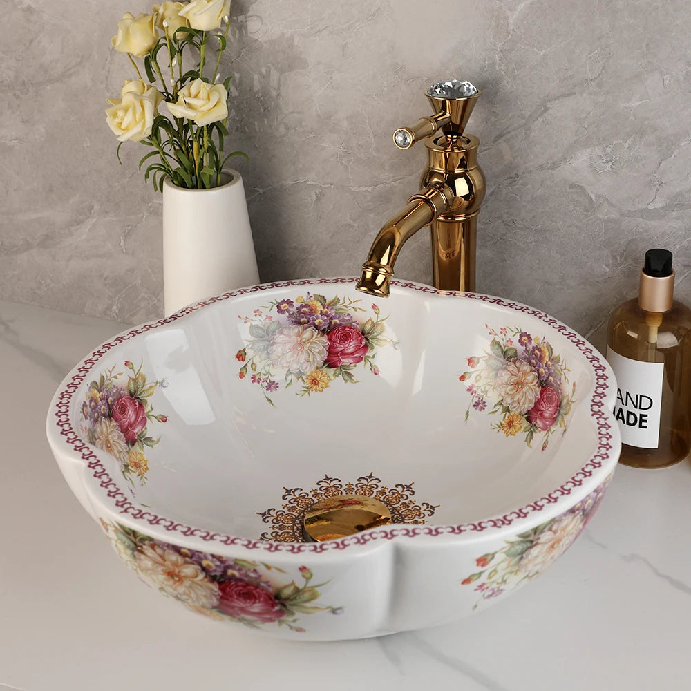 ZAPPO Above Counter Ceramic Vessel Sink For Bathroom Round Petal Shaped Flower & Bird Pattern Wash Basin Bowl Sinks With Faucet