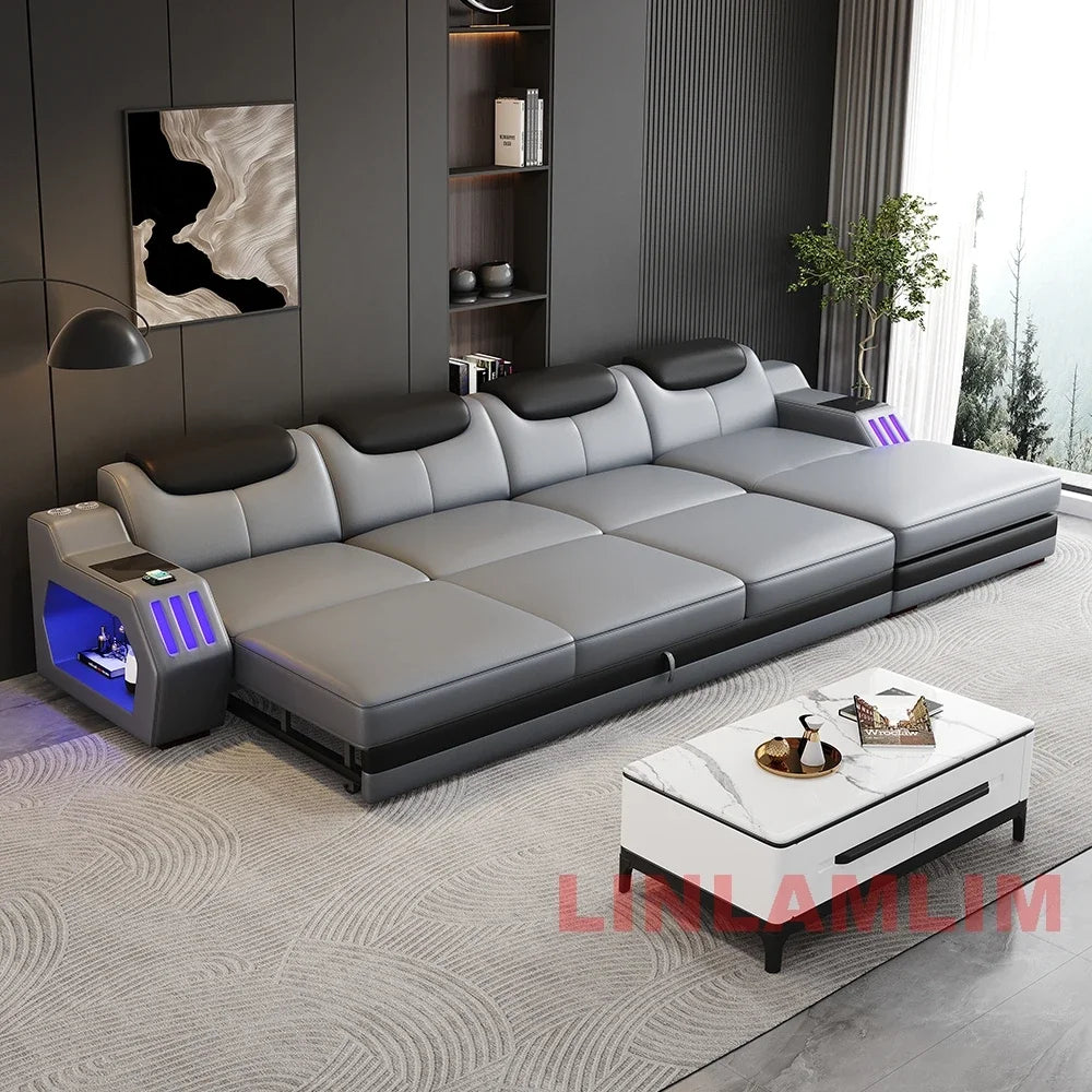 Modern L-Shaped Sectional Sofa Bed with Adjustable Headrests & LED Lights, Genuine Leather Recliner Couch with Storage & USB